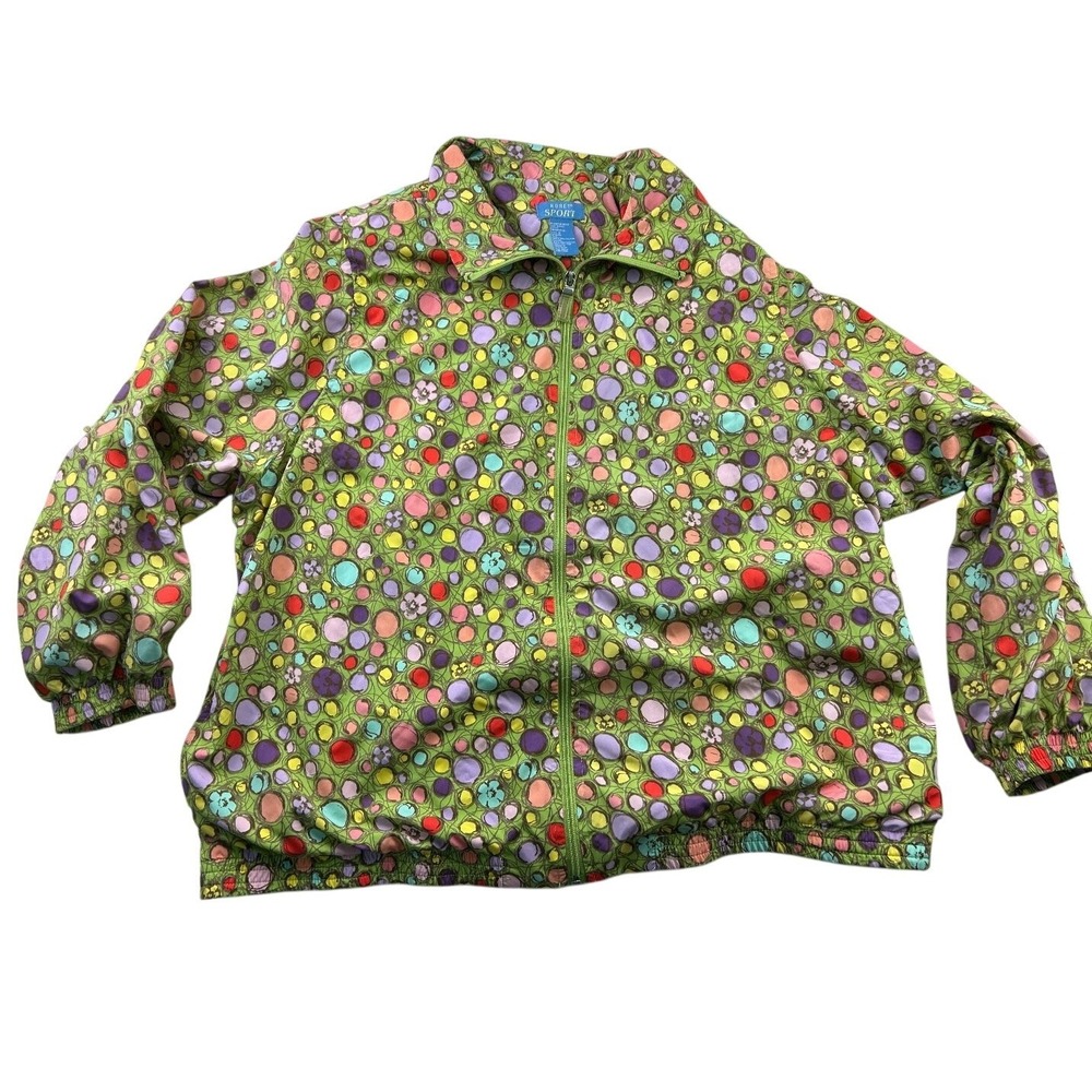 Koret Sport Abstract Polka Dot Floral Windbreaker Jacket 1X Green Multi Retro